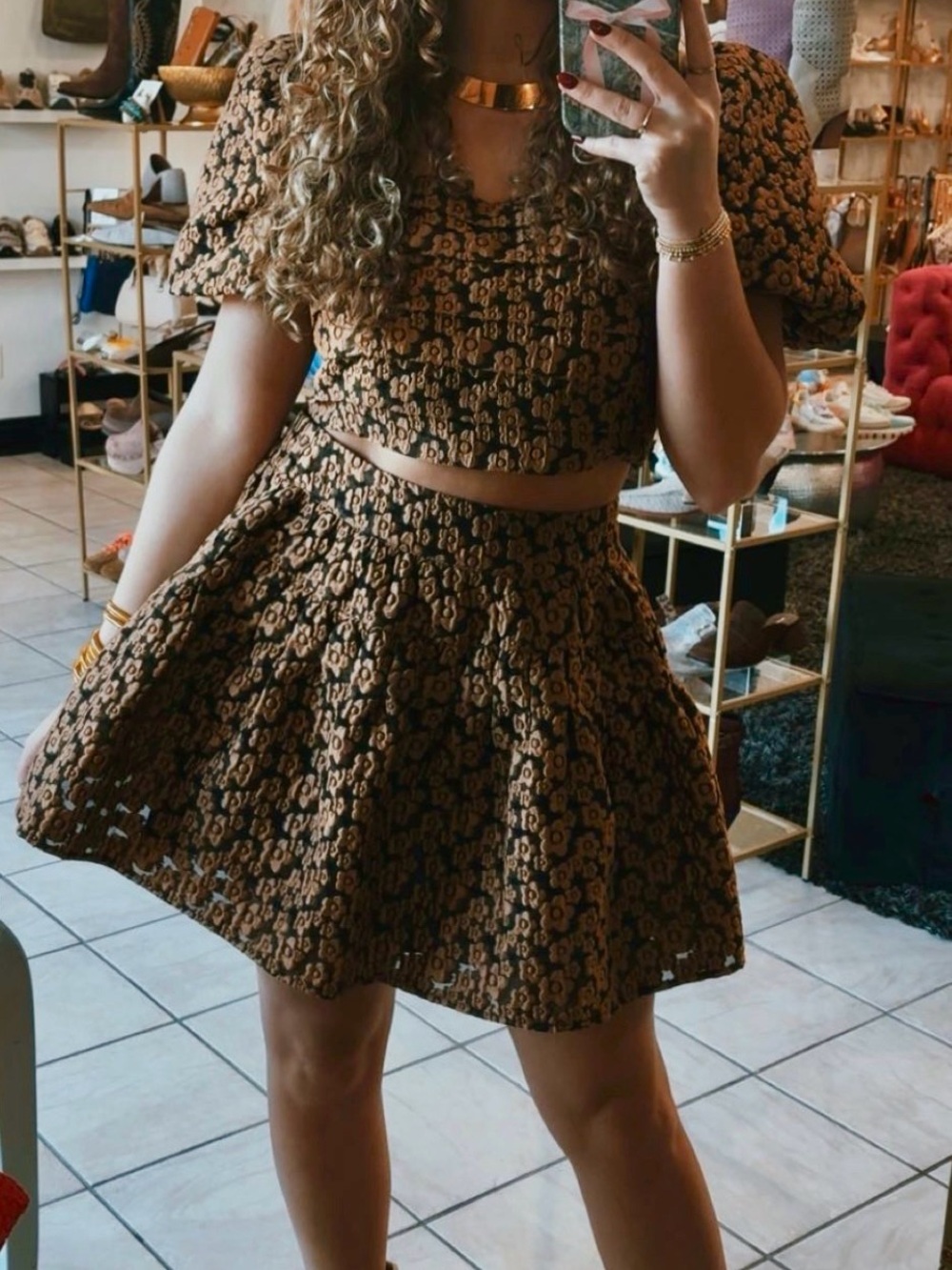 Floral Crop Top Mini Skirt Set in Black & Brown Medium